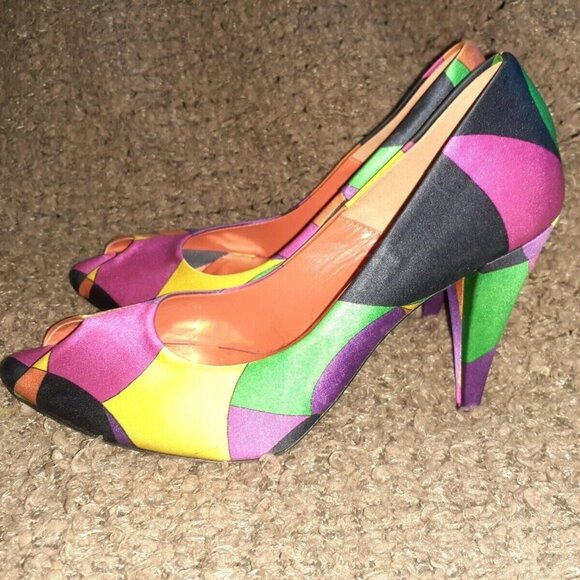 LORIBLU-Color Block-Multi-Color-Satin Heels-Peep-ToeSize 37/6.5-Excellent - Picture 2 of 7